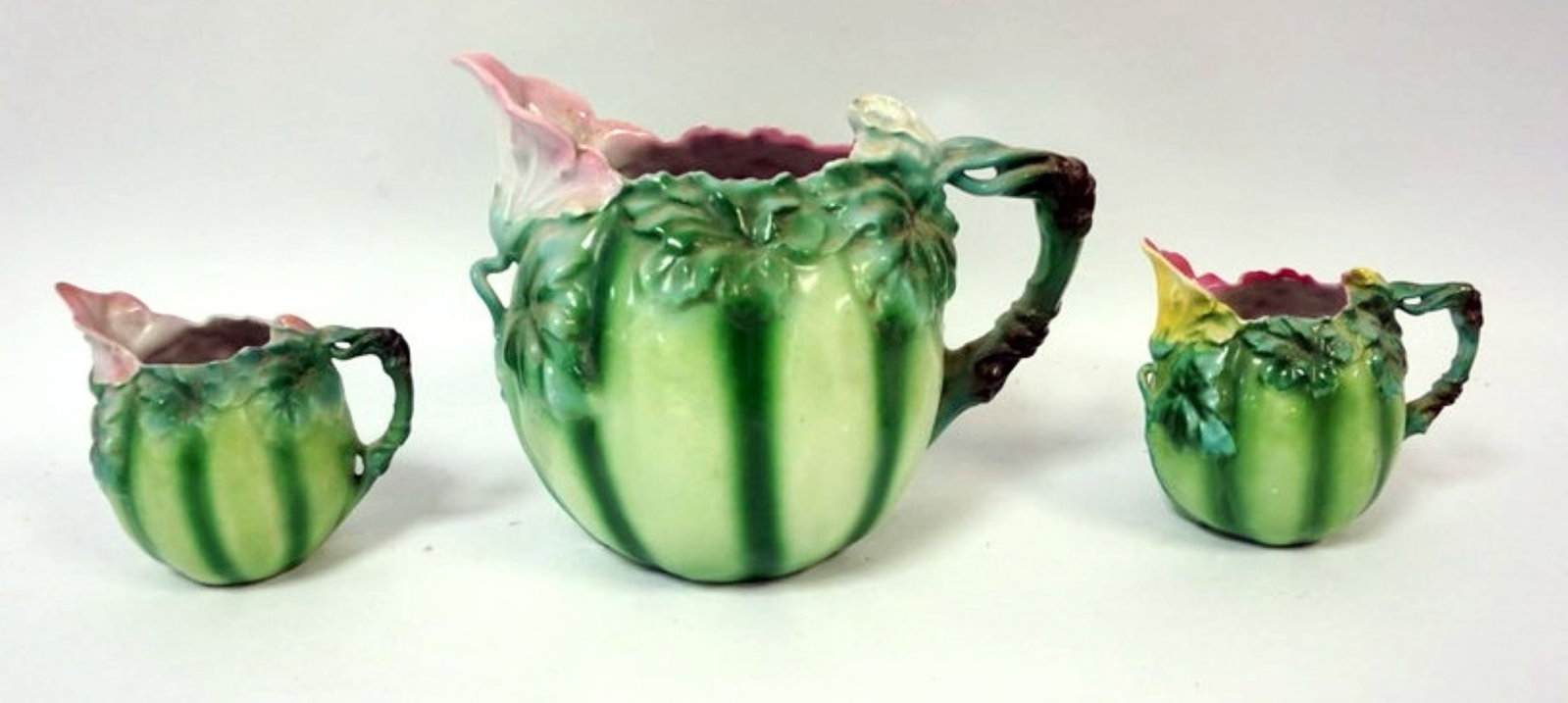 ROYAL BAYREUTH WATERMELLON: ROYAL BAYREUTH WATERMELLON PITCHER AND CREAMERS, TALLEST PIECE APPROXIMATELY 7 IN H