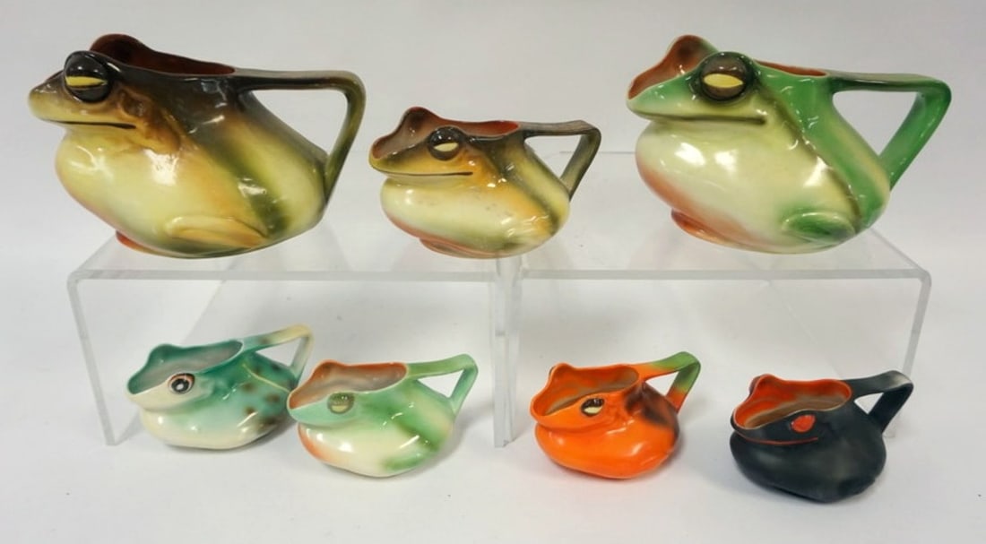 ROYAL BAYREUTH FROG: ROYAL BAYREUTH FROG PITCHERS, CREAMERS, TALLEST PIECE APPROXIMATELY 5 N