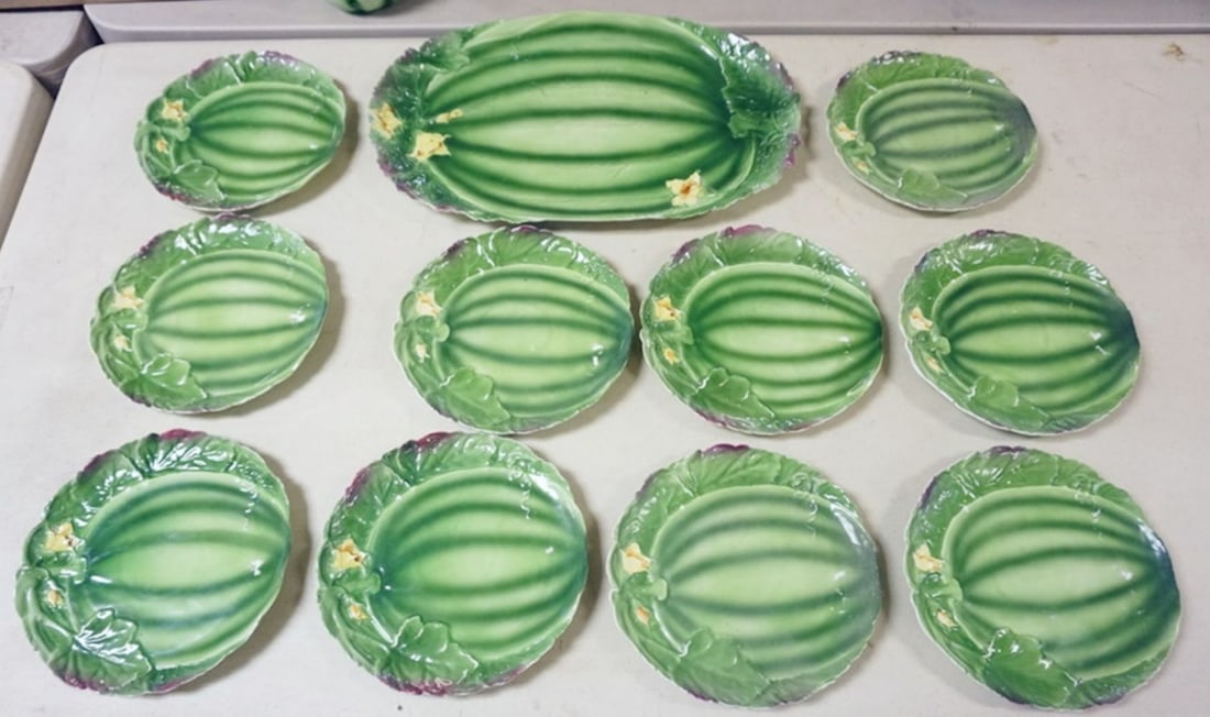 ROYAL BAYREUTH WATERMELLON DISH SET: ROYAL BAYREUTH WATERMELLON DISH SET, LARGEST PIECE APPROXIMATELY 11 1/2 IN X 18 IN