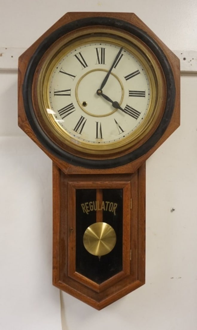 REGULATOR WALL CLOCK: REGULATOR WALL CLOCK, APPROXIMATELY 17 IN X 5 IN X 32 IN H