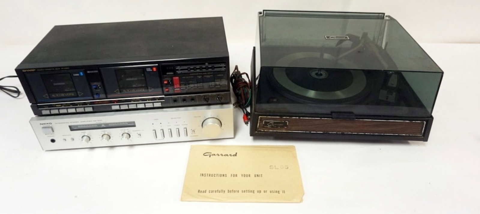 VINTAGE AUDIO EQUIPMENT: VINTAGE AUDIO EQUIPMENT, MIKKO NA 500 AMPLIFIER, SHARP RT-W800 CASSETTE, GARRARD SL 65 RECORD PLAYER, LARGEST PIECE APPROXIMATELY 16 IN X 14 IN X 9 IN
