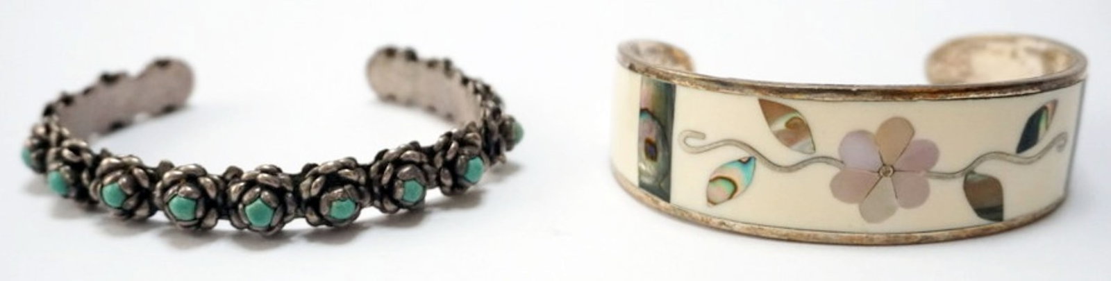 MEXICO STERLING CUFF BRACELETS: 2 CUFF BRACELETS, STERLING SILVER MEXICO. 1 WITH MOTHER OF PEAR AND OTHER WITH TURQUOISE, .98 OZT WITH STONES