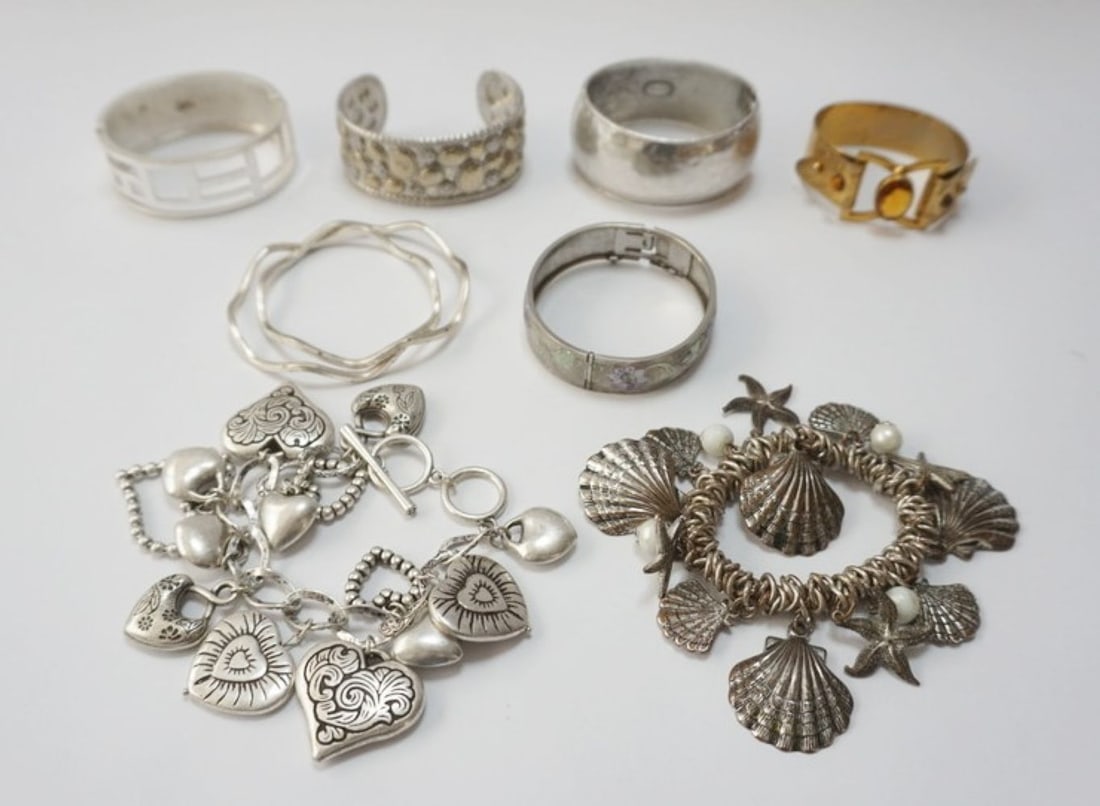 ASSORTED LADIES BRACELETS: 9 ASSORTED LADIES BRACELETS, 2 MARKED STERLING .89OZT, CHICOS, KENNETH COLE AND OTHERS