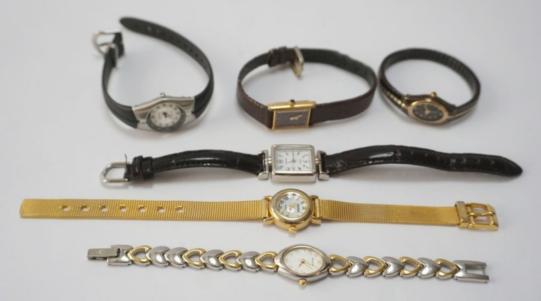 LADIES DESIGNER WATCHES: 6 LADIES WATCHES MARKED SHANNONS, CARRIAGE, ARMITRON, WALTHAM, CITIZEN AND BULOVA