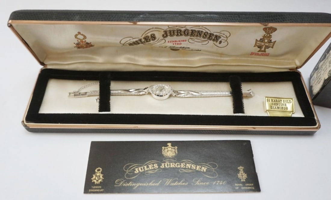 JULES JURGENSEN LADIES 14 K WATCH: JULES JURGENSEN LADIES 14 K WHITE GOLD WATCH WITH DIAMONDS, NEW IN BOX