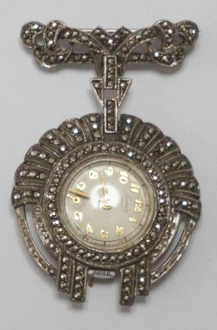 LOUIS STERLING MARCASITE PIN WATCH: LOUIS STERLING SILVER MARCASITE LADIES PIN WATCH