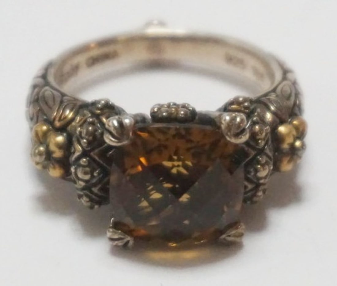 BARBARA BIXBY 18K AND STERLING RING: BARBARA BIXBY 18K AND 925 STERLING RING WITH CONGNAC QUARTZ STONE, SIZE 7 1/2