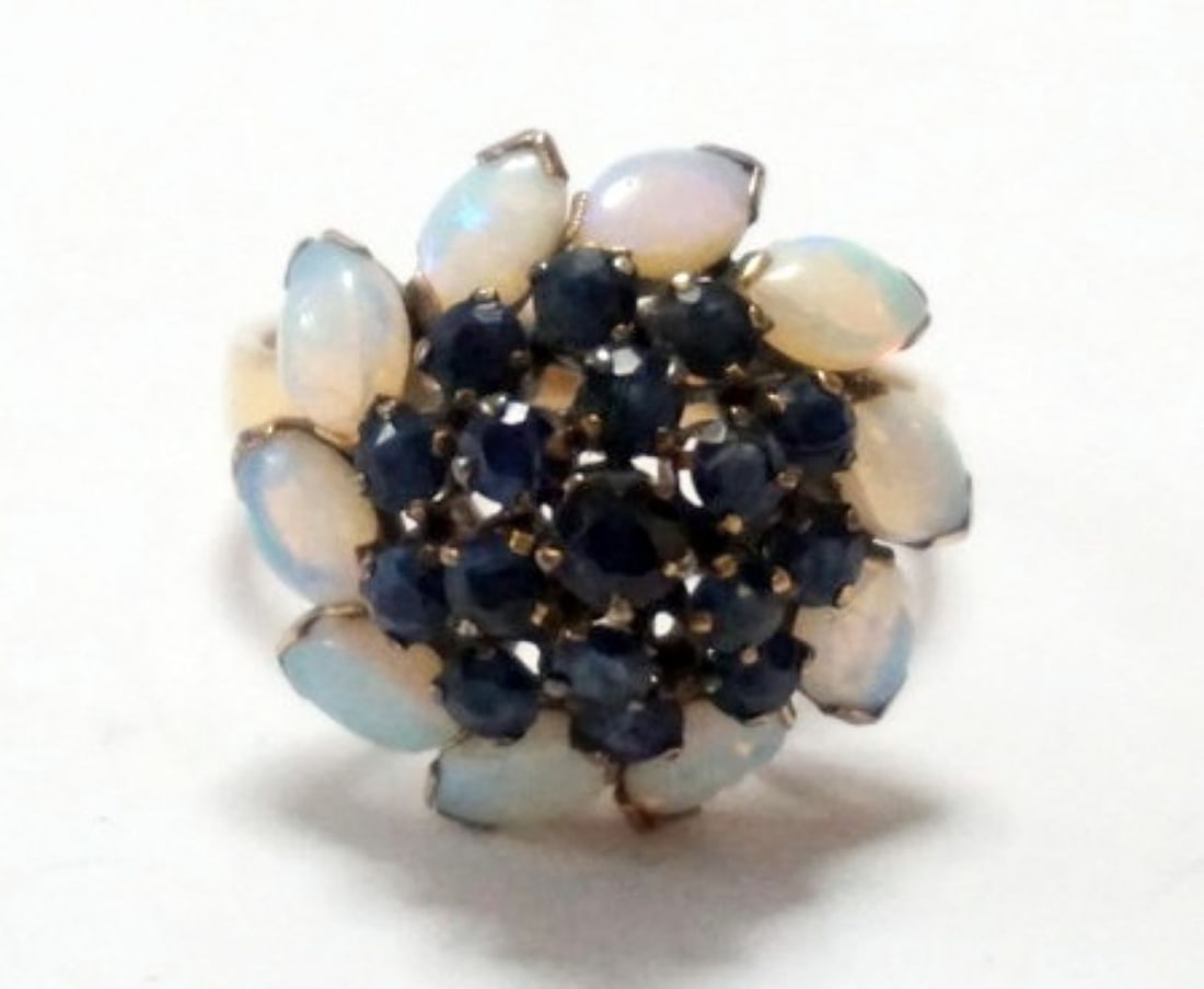 14K VINTAGE COCKTAIL RING: 14K VINTAGE THAI PRINCESS STYLE COCKTAIL RING,TIERED DOME OF SAPHIRES WITH OPALS, SIZE 8 3/4, 3.34 DWT WITH STONES