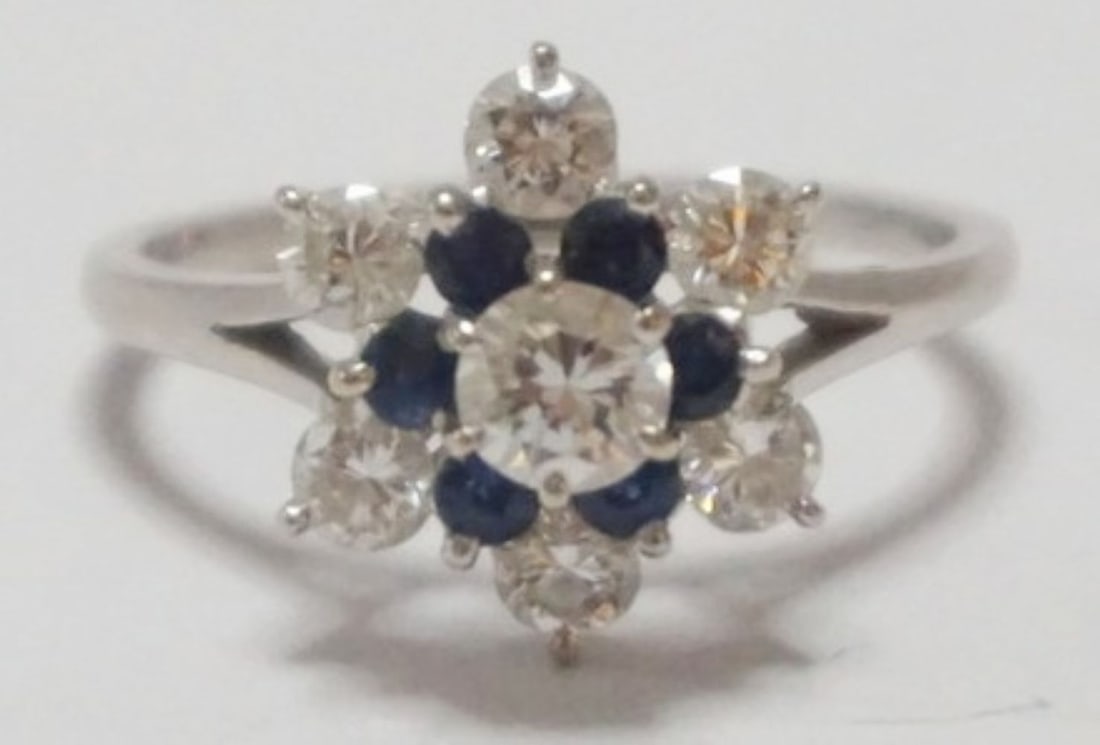 14K LADIES FLORAL COCKTAIL RING: 14K WHITE GOLD LADIES DIAMOND AND SAPHIRE TYPE STONE FLORAL COCKTAIL RING, SIZE 7, 1.73 DWT INCLUDING STONES