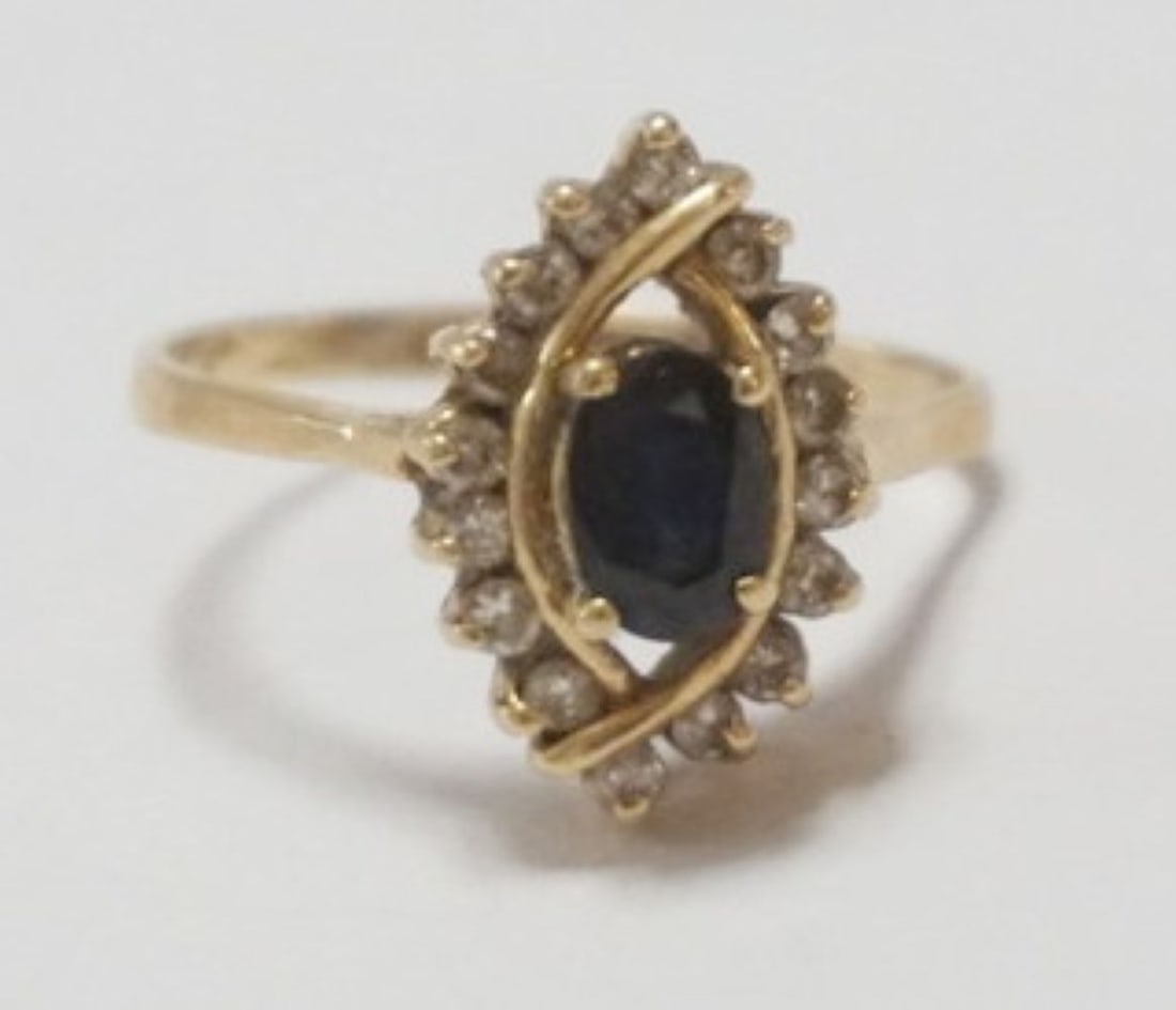 14K LADIES COCKTAIL RING: 14K DIAMOND AND SAPHIRE TYPE STONE LADIES COCKTAIL RING, SIZE 7 1/4, 2.22 DWT WITH STONES, RING BENT
