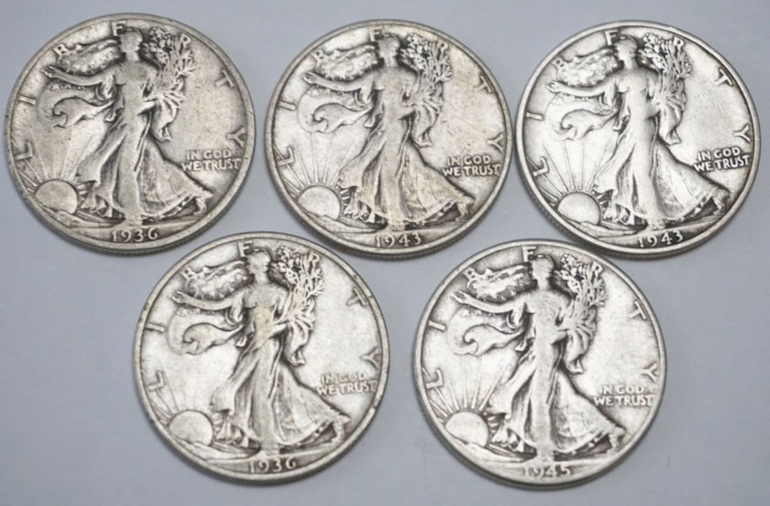 WALKING LIBERTY SILVER DOLLARS: WALKING LIBERTY SILVER DOLLARS, GROUP OF 5 ASSORTED, VARIOUS DATES
