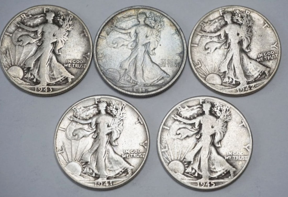 WALKING LIBERTY SILVER DOLLARS: WALKING LIBERTY SILVER DOLLARS, GROUP OF 5 ASSORTED, VARIOUS DATES