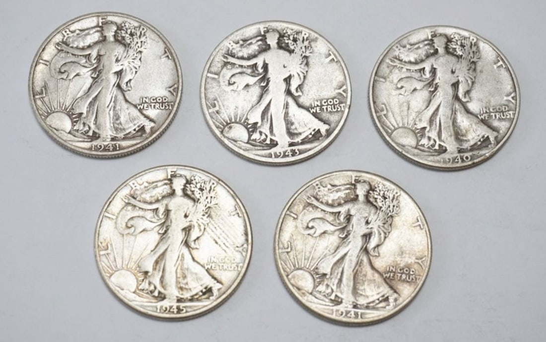 WALKING LIBERTY SILVER DOLLARS: WALKING LIBERTY SILVER DOLLARS, GROUP OF 5 ASSORTED, VARIOUS DATES