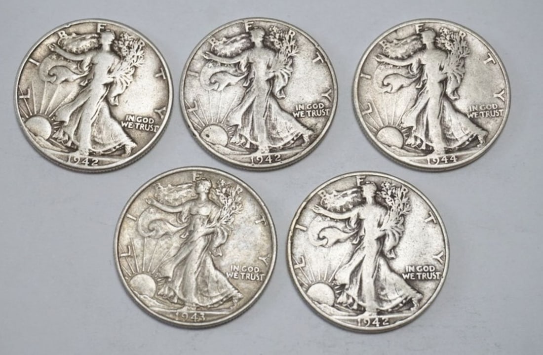 WALKING LIBERTY SILVER DOLLARS: WALKING LIBERTY SILVER DOLLARS, GROUP OF 5 ASSORTED, VARIOUS DATES
