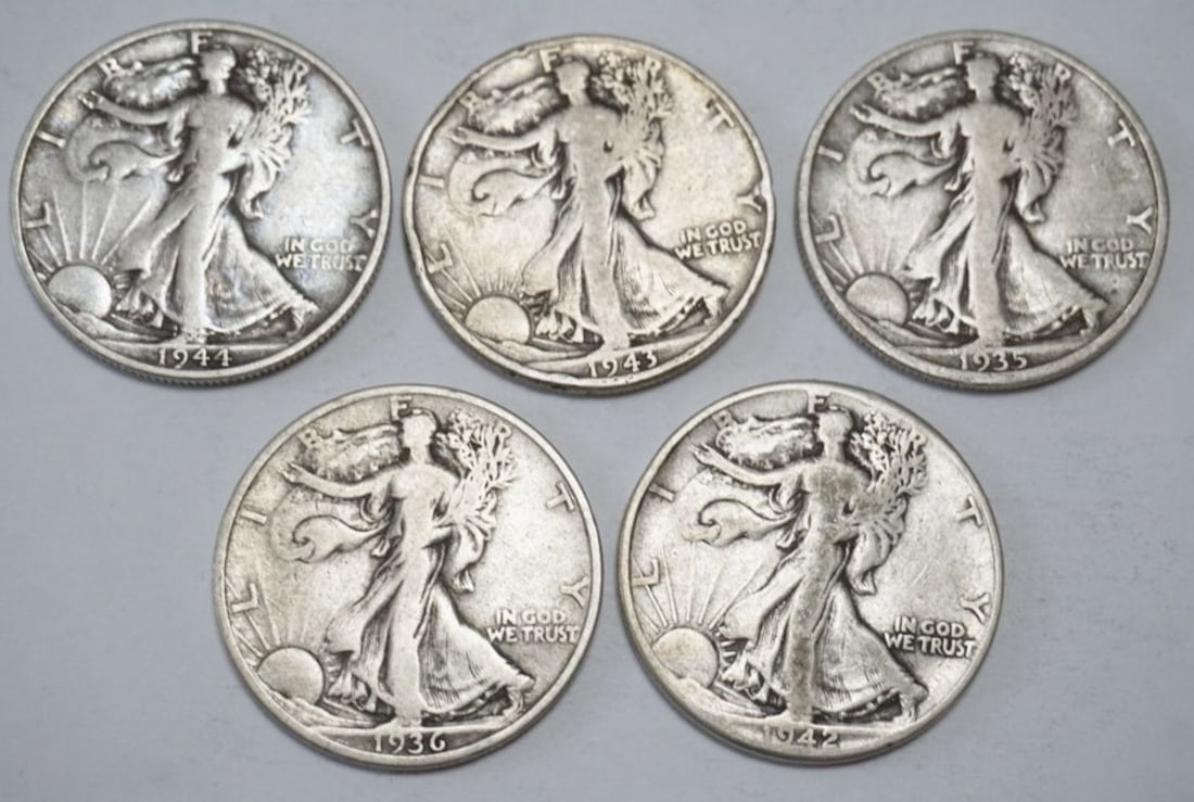 WALKING LIBERTY SILVER DOLLARS: WALKING LIBERTY SILVER DOLLARS, GROUP OF 5 ASSORTED, VARIOUS DATES