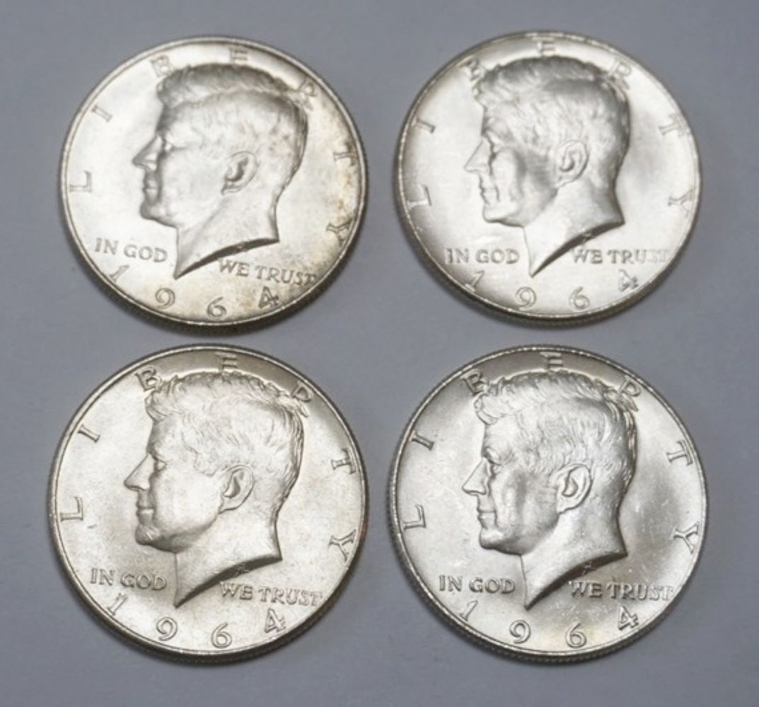 KENNEDY SILVER HALF DOLLARS: 1964 KENNEDY SILVER HALF DOLLARS, GROUP OF 4