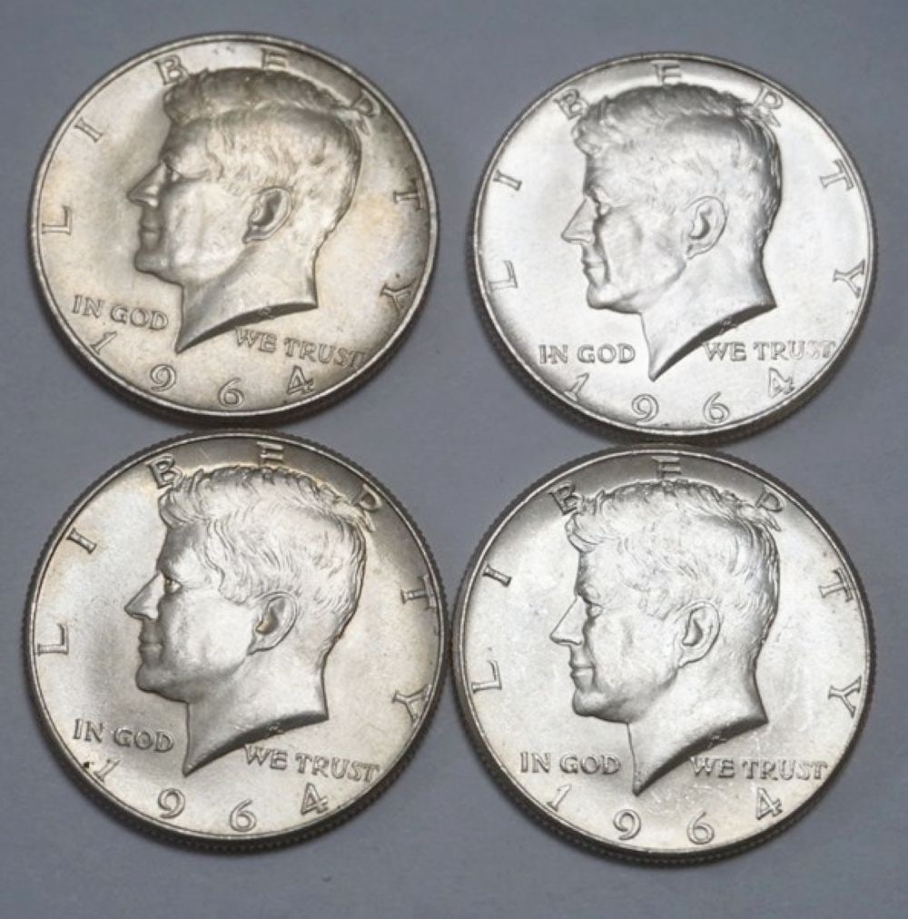 KENNEDY SILVER HALF DOLLARS: 1964 KENNEDY SILVER HALF DOLLARS, GROUP OF 4