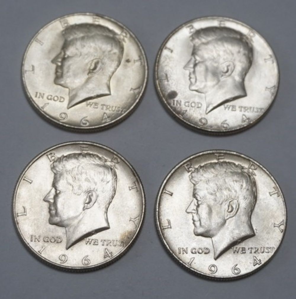 KENNEDY SILVER HALF DOLLARS: 1964 KENNEDY SILVER HALF DOLLARS, GROUP OF 4