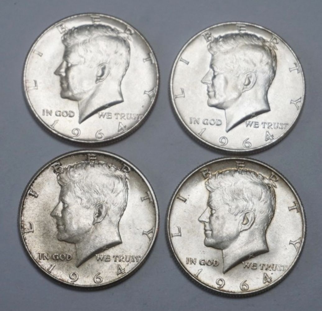 KENNEDY SILVER HALF DOLLARS: 1964 KENNEDY SILVER HALF DOLLARS, GROUP OF 4
