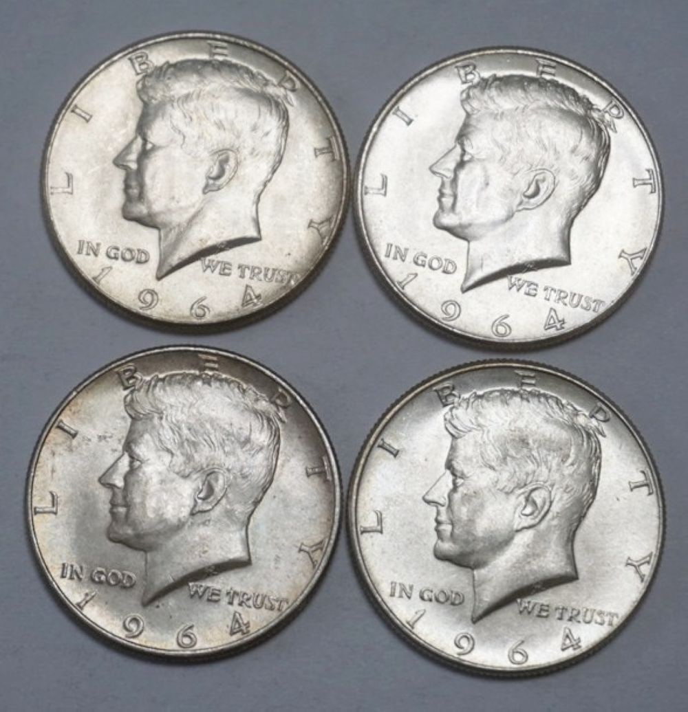 KENNEDY SILVER HALF DOLLARS: 1964 KENNEDY SILVER HALF DOLLARS, GROUP OF 4