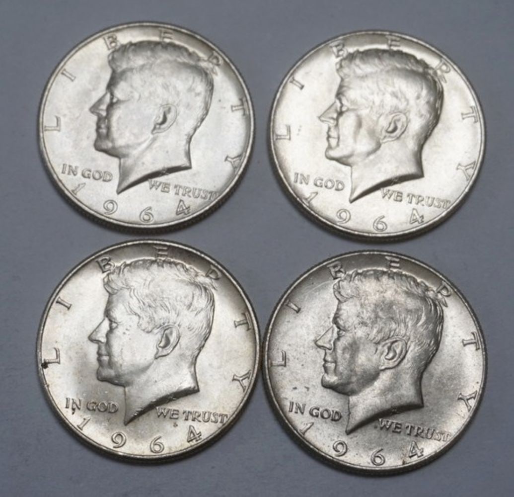 KENNEDY SILVER HALF DOLLARS: 1964 KENNEDY SILVER HALF DOLLARS, GROUP OF 4