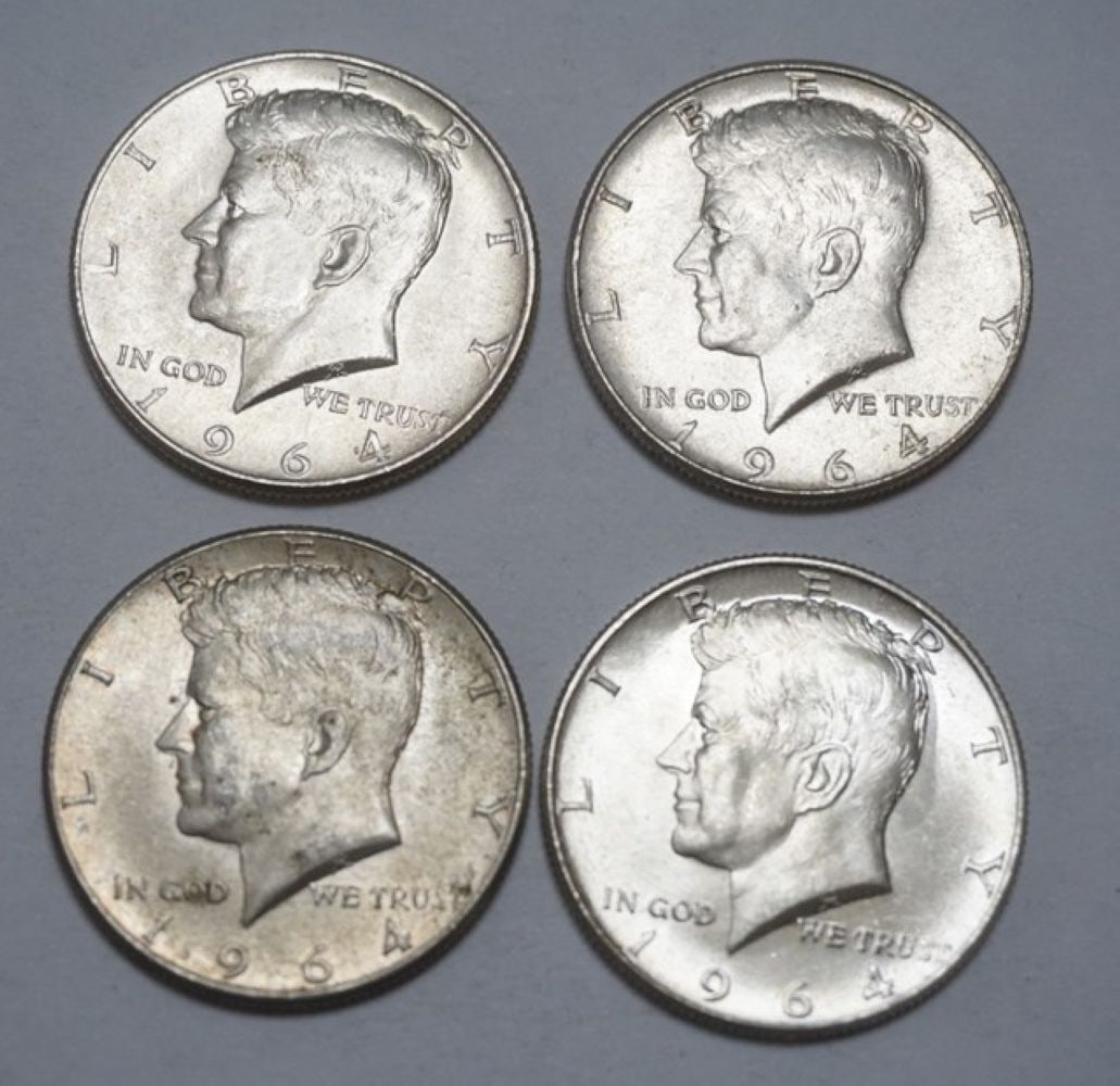 KENNEDY SILVER HALF DOLLARS: 1964 KENNEDY SILVER HALF DOLLARS, GROUP OF 4