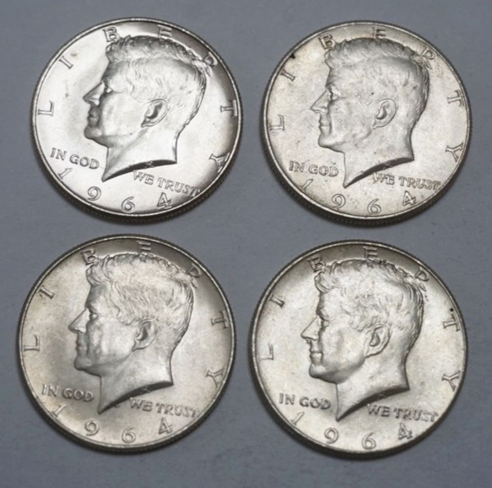 KENNEDY SILVER HALF DOLLARS: 1964 KENNEDY SILVER HALF DOLLARS, GROUP OF 4