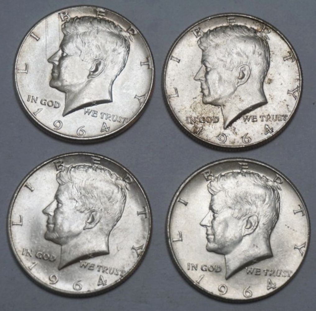 KENNEDY SILVER HALF DOLLARS: 1964 KENNEDY SILVER HALF DOLLARS, GROUP OF 4