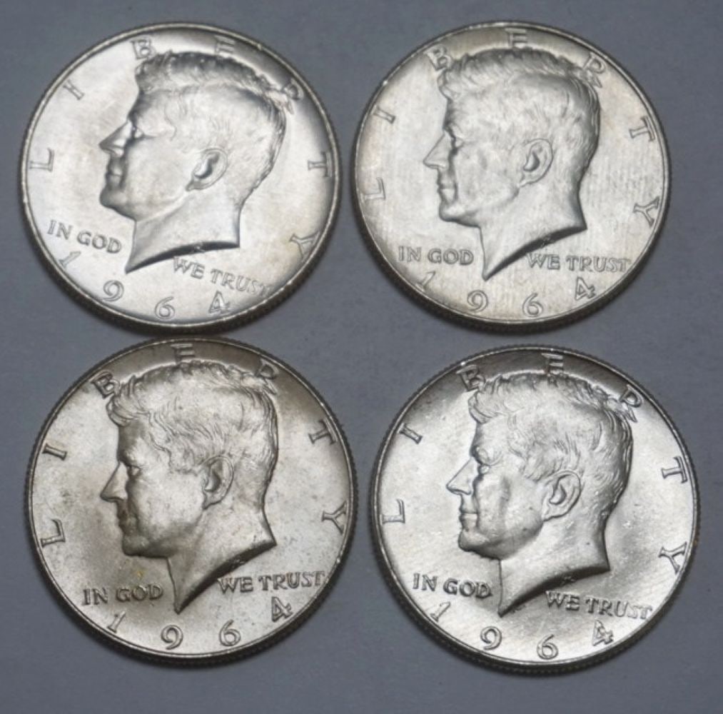 KENNEDY SILVER HALF DOLLARS: 1964 KENNEDY SILVER HALF DOLLARS, GROUP OF 4