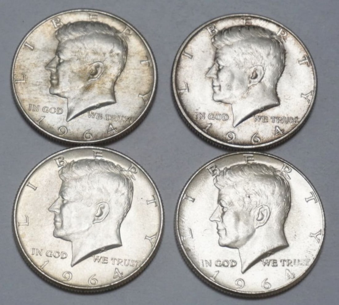 KENNEDY SILVER HALF DOLLARS: 1964 KENNEDY SILVER HALF DOLLARS, GROUP OF 4