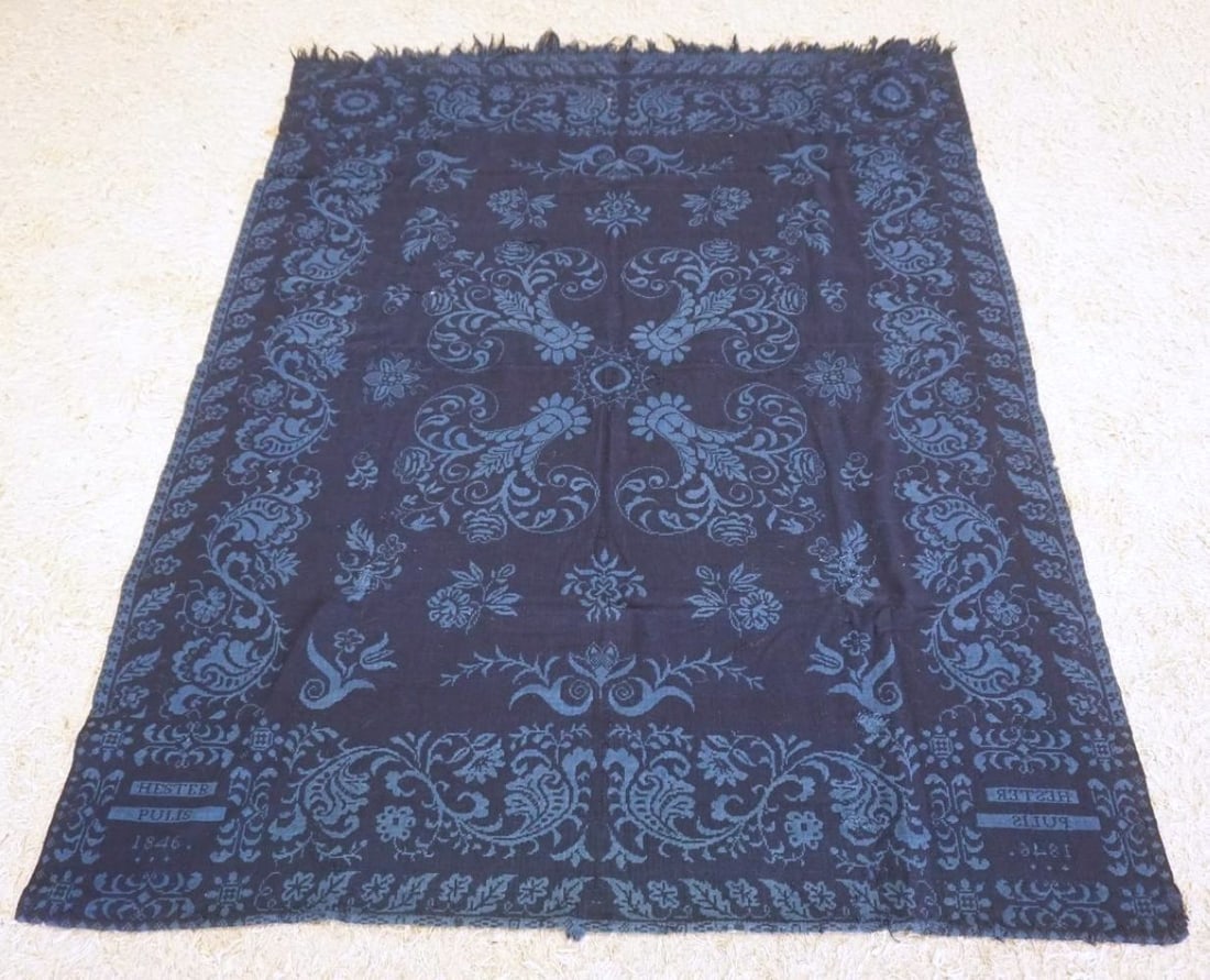 1846 HESTER POLIS HAND WOVEN COVERLET: 1846 HESTER POLIS HAND WOVEN COVERLET, SOME WEAR, APPROXIMATELY 69 IN X 88 IN
