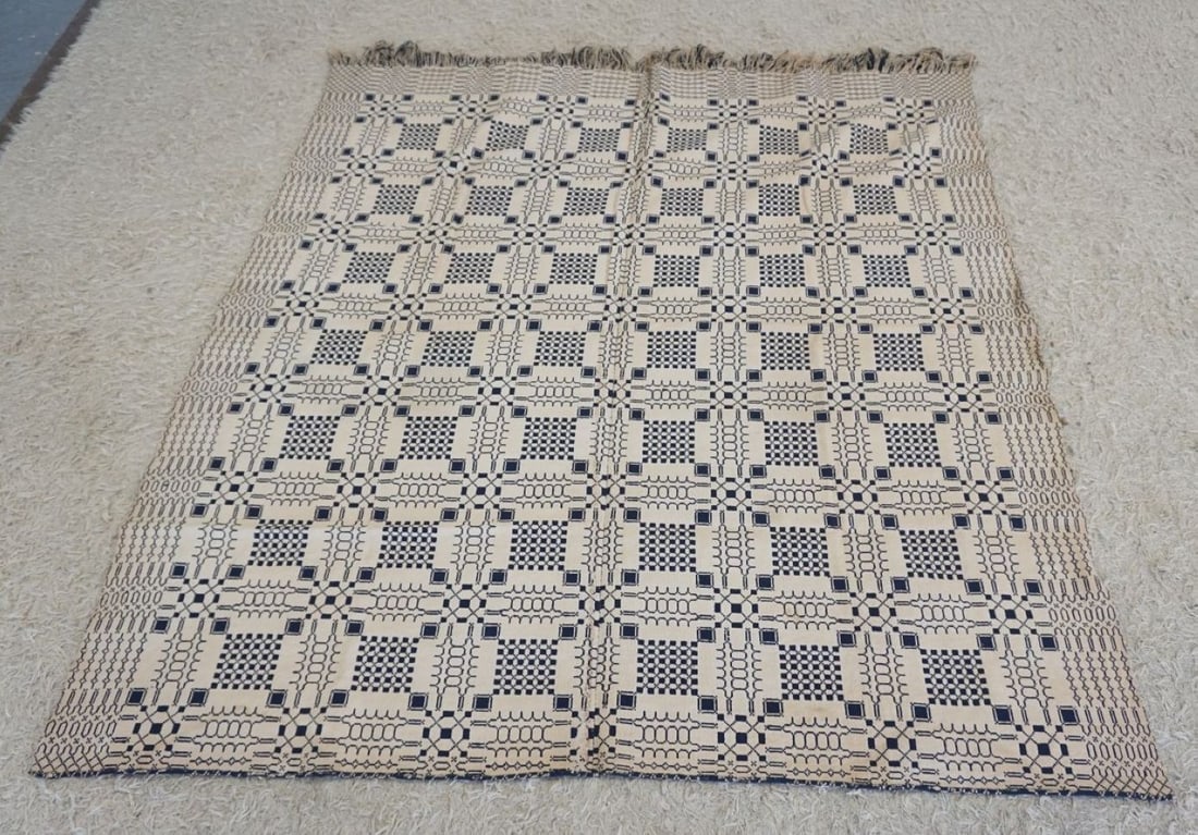 ANTIQUE BLUE & CREAM HAND WOVEN COVERLET: ANTIQUE BLUE & CREAM HAND WOVEN COVERLET, APPROXIMATELY 73 IN X 79 IN