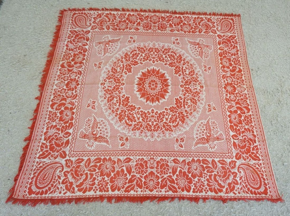 ANTIQUE HAND WOVEN COVERLET: ANTIQUE HAND WOVEN COVERLET W/AMERICAN EAGLE, APPROXIMATELY 76 IN X 78 IN