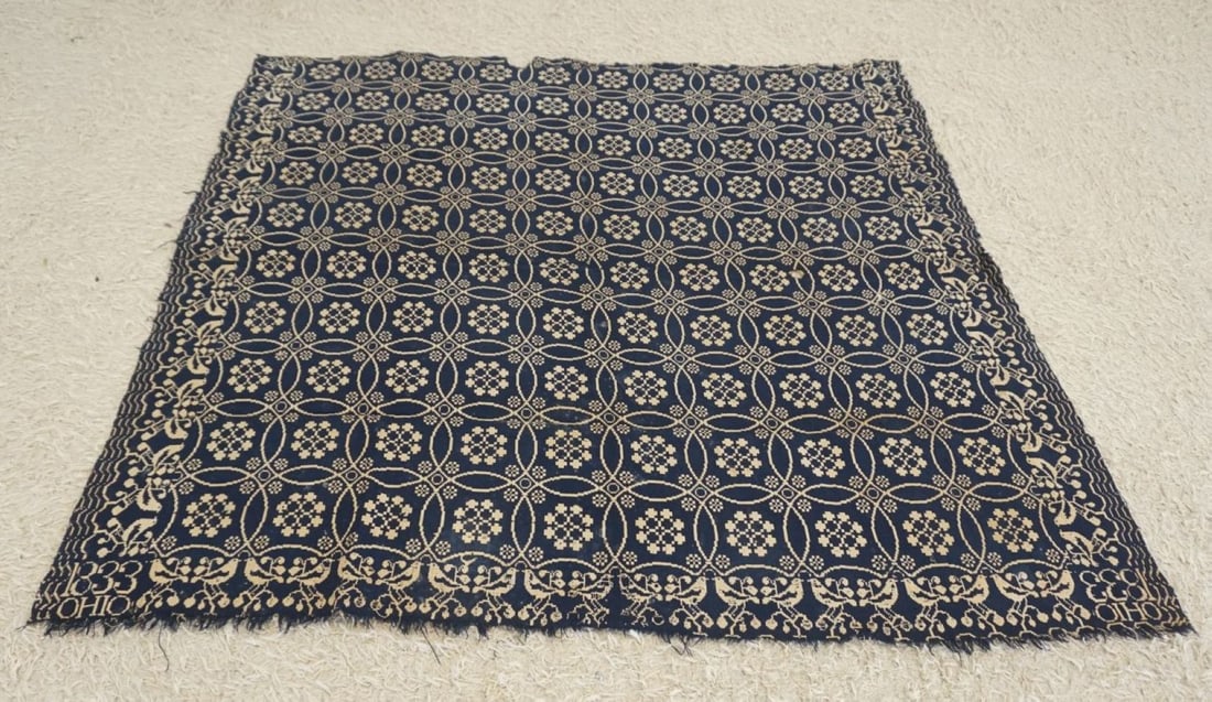 1833 OHIO COVERLET: 1833 OHIO COVERLET, SOME WEAR, APPROXIMATELY 74 IN X 73 IN