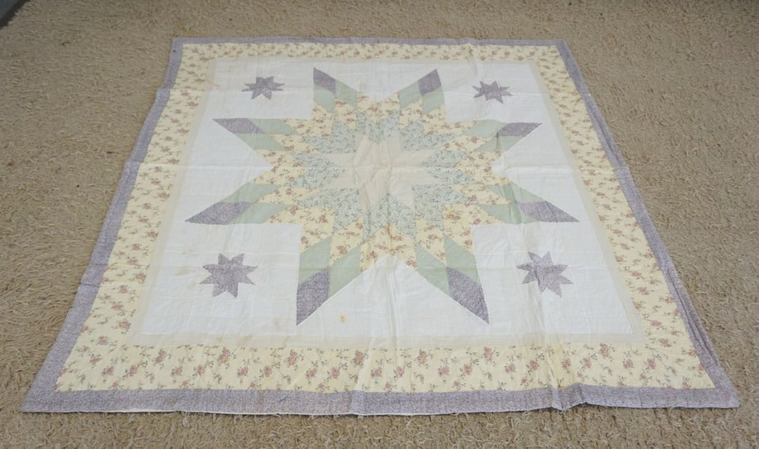 HAND SEWN QUILT: HAND SEWN QUILT, SOME STAINING, APPROXIMATELY 79 IN X 82 IN
