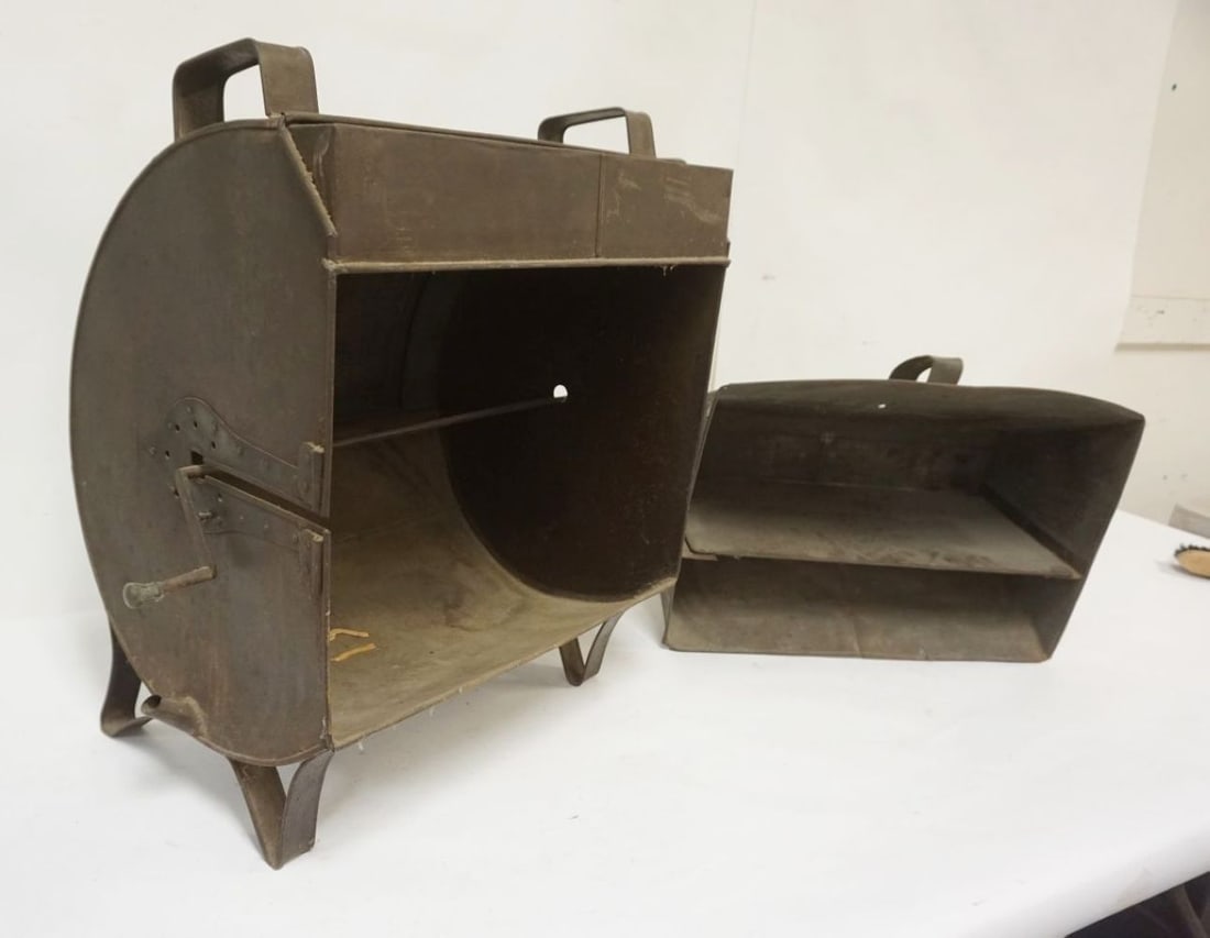 PRIMITIVE TIN FIREPLACE ROTISSERIE & TIN OVEN: PRIMITIVE TIN FIREPLACE ROTISSERIE & TIN REFLECTOR OVEN, LARGEST APPROXIMATELY 18 IN X 12 IN X 23 IN HIGH