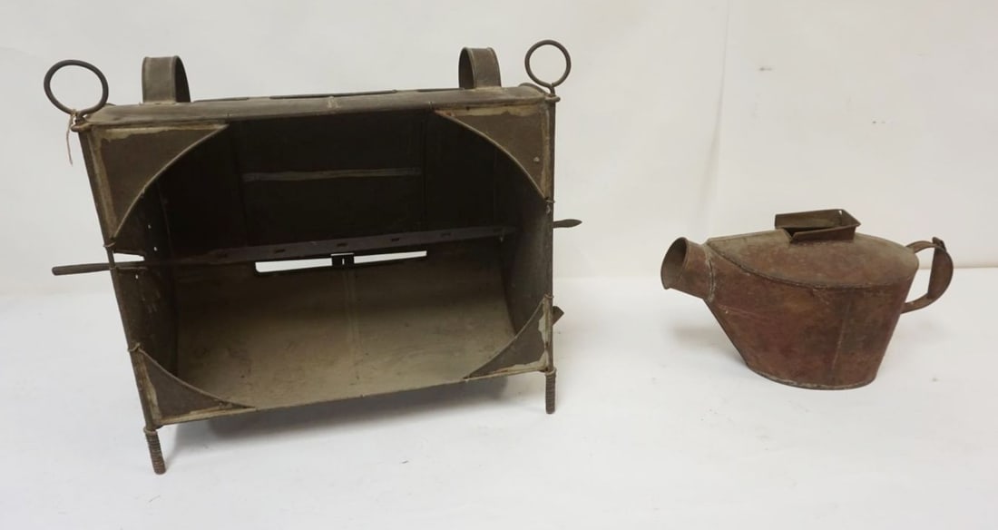 PRIMITIVE FIREPLACE ROTISSERIE & TIN COFFEE CATCH: PRIMITIVE FIREPLACE ROTISSERIE & TIN COFFEE GRINDER CATCH, LARGEST PIECE APPROXIMATELY 20 IN X 12 IN X 19 IN HIGH