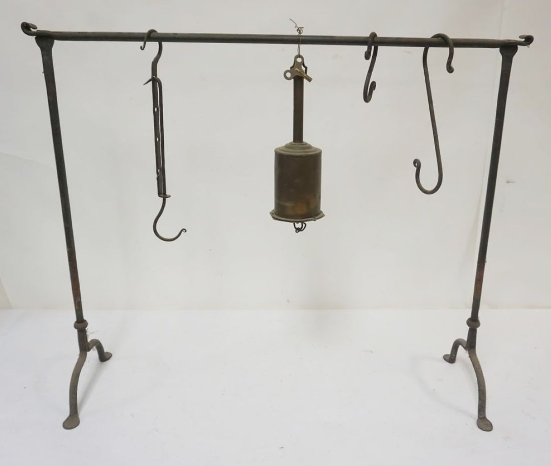 HAND FORGED HEARTH RACK, ETC: HAND FORGED HEARTH RACK W/CLOCK WORK ROTISSERIE & POT HANGERS, APPROXIMATELY 11 IN X 35 IN X 31 IN HIGH