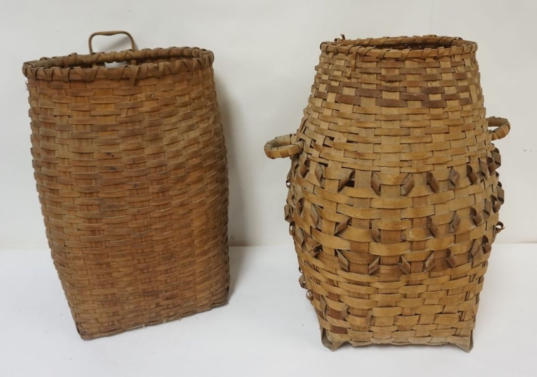 2 SPLINT WOOD WOVEN BASKETS: 2 SPLINT WOOD WOVEN BASKETS, LARGEST APPROXIMATELY 25 IN HIGH