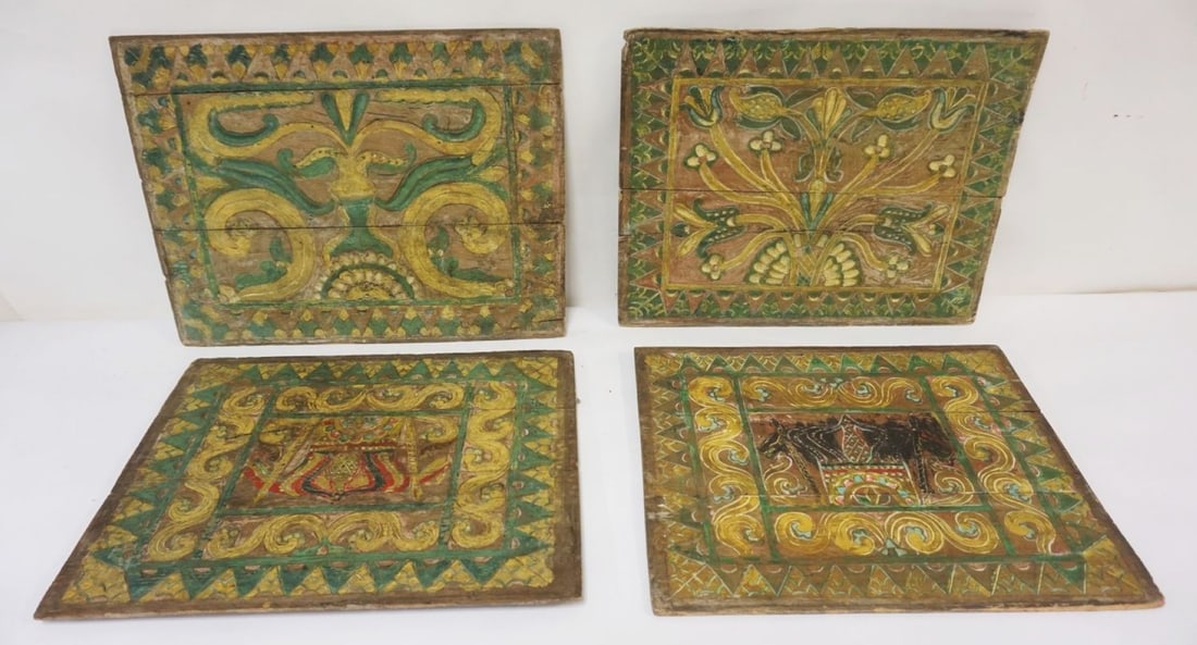 CARVED POLYCHROME DECORATED WOOD PANELS: CARVED POLYCHROME DECORATED WOOD PANELS, EACH APPROXIMATELY 17 IN X 21 IN