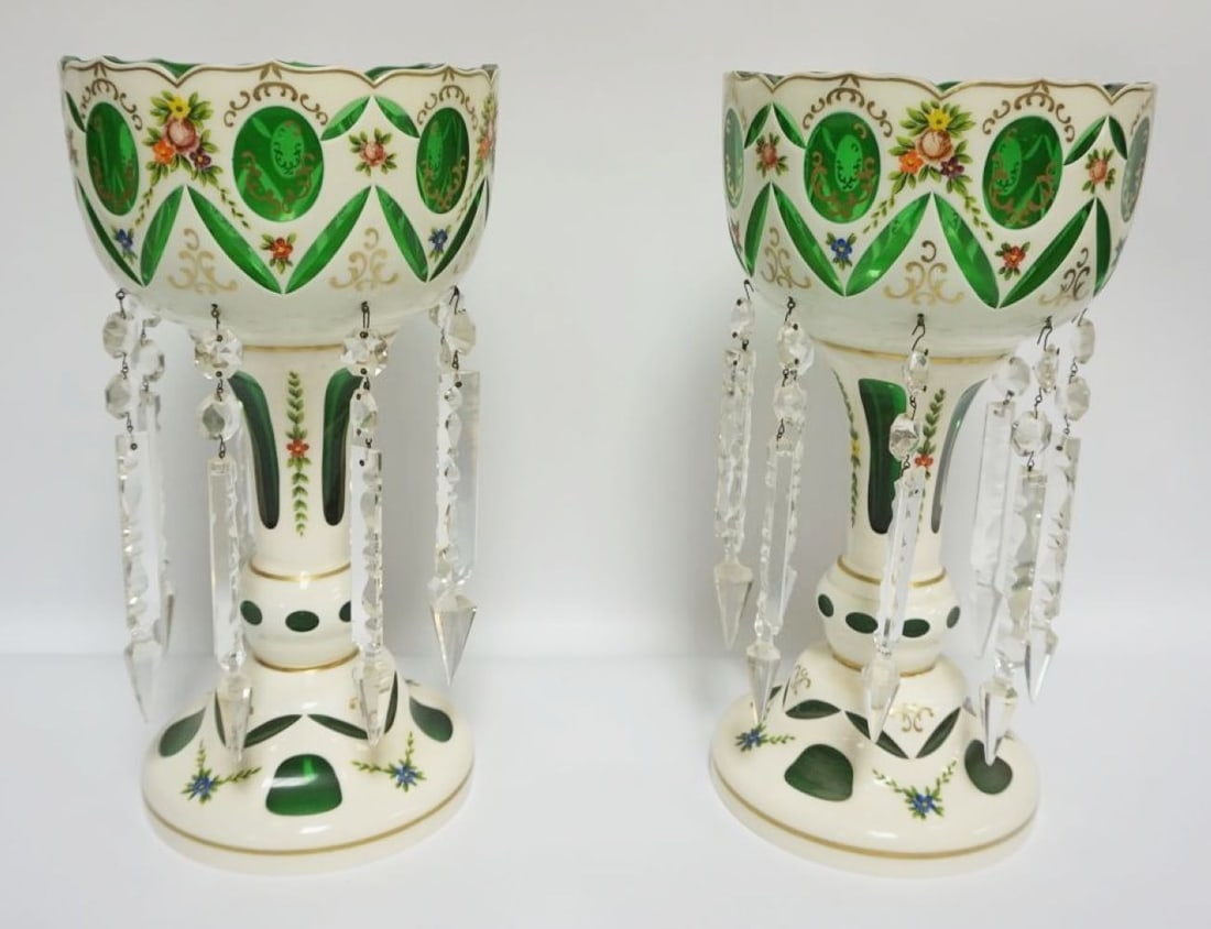 LUSTRES WHITE CUT TO GREEN: LUSTRES WHITE CUT TO GREEN, EACH APPROXIMATELY 14 IN HIGH