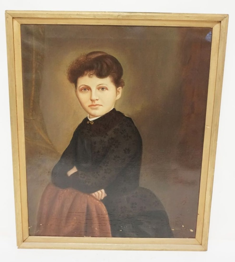 OIL CANVAS PORTRAIT: OIL CANVAS PORTRAIT OF WOMAN, SIGNED ON REVERSE PAINTED BY JD CLEMENCE, 1888, SOME PAINT LOSS, APPROXIMATELY 25 IN X 30 IN OVERALL