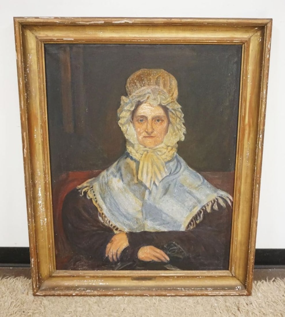 ANTIQUE OIL PAINTING ON CANVAS: ANTIQUE OIL PAINTING ON CANVAS ARTIST SIGNED, ELDERLY WOMAN WEARING A BONNET, SOME PAINT LOSS, BRASS PLAQUE WIFE OF WM EDGAR BORN SEPTEMBER 14 1772, DIED 1849, BY CJ KRETZINGER APPROXIMATELY 35 IN X 4