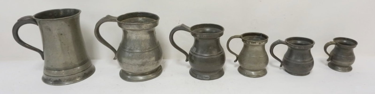 PEWTER PUB MEASURES: PEWTER PUB MEASURES, TALLEST APPROXIMATELY 4 IN H