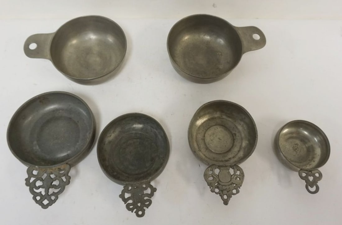 PEWTER PORINGERS: PEWTER PORINGERS, LARGEST APPROXIMATELY 8 IN X 6 IN X 2 IN H