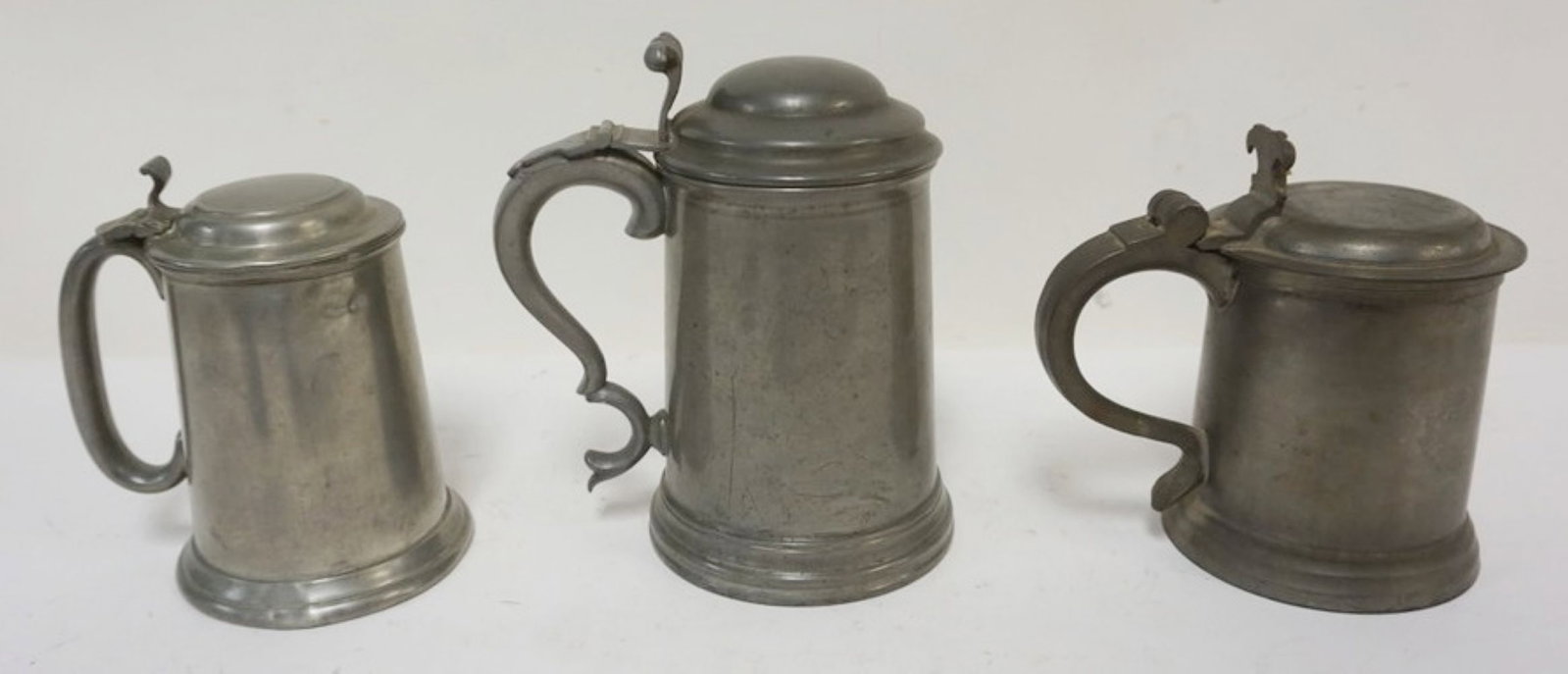 PEWTER STEINS: PEWTER STEINS, 1 MARKED J. DIXON & SONS, TALLEST APPROXIMATELY 7.5 IN H