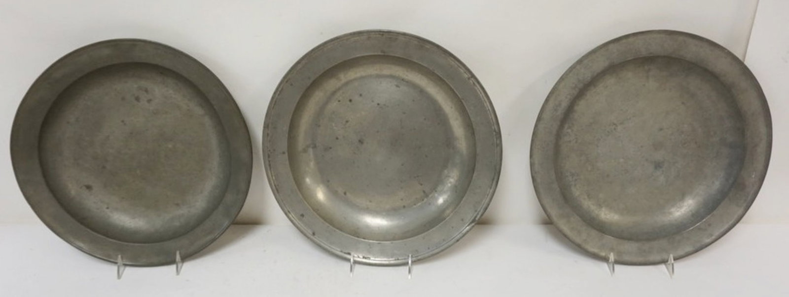 PEWTER BOWLS: LARGE PEWTER BOWLS, 1 MARKED ELLIS SAMUEL, 14 1/2 IN, OTHER MARKS ARE WORN
