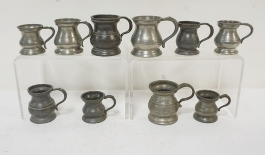 PEWTER MEASURES: GROUP OF SMALL PEWTER MEASURES, TALLEST APPROXIMATELY 2 3/4 IN H