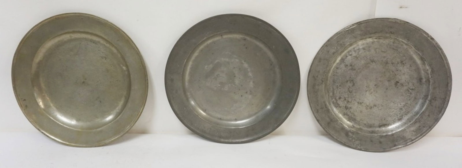 PEWTER CHARGERS: LARGE PEWTER CHARGERS, 1 MARKED RICHARD GOING, APPROXIMATELT 14 3/4 IN