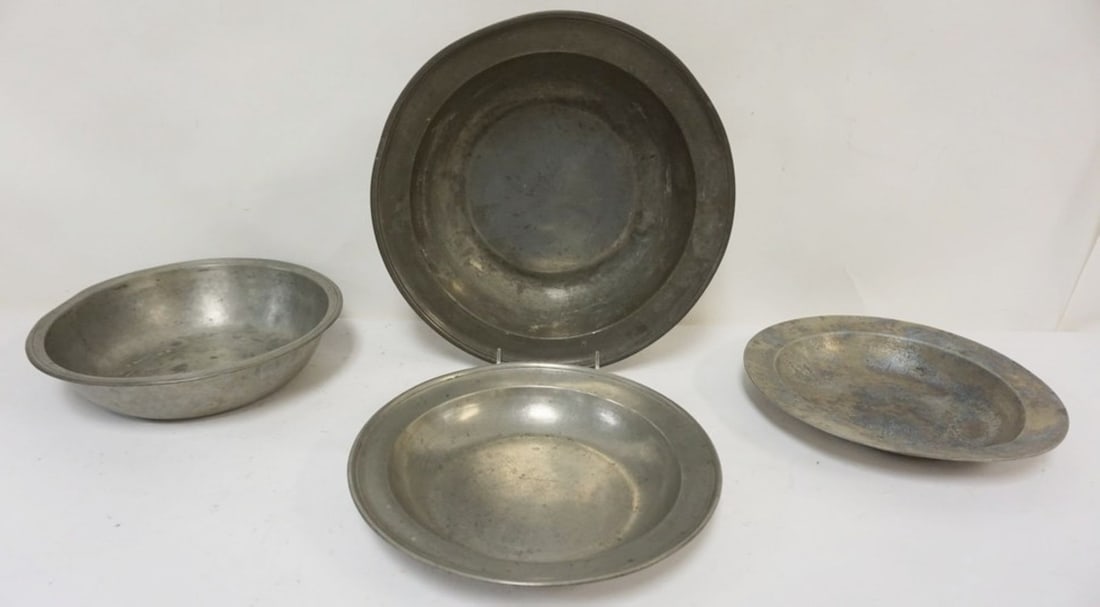 PEWTER BOWLS AND BASINS: PEWTER BOWLS AND BASINS, 1 MARKED COMPTON, LARGEST APPROXIMATELY 13 IN X 3 IN H